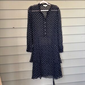 Hobbs Navy Blue and White Long Sleeve V-Neck Midi Dress silk